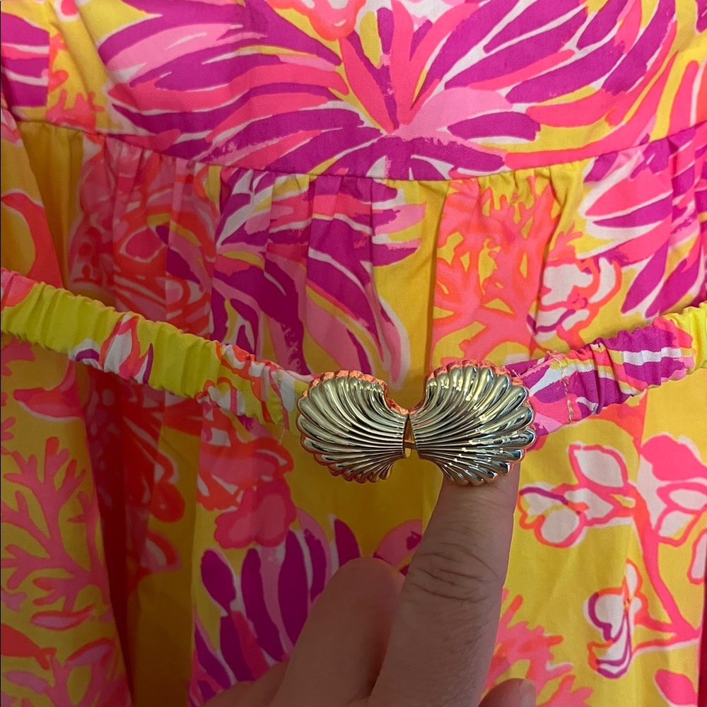 NWOT Lilly Pulitzer Bri V-Neck Cotton Midi Dress Calla Yellow Floral Coral 4 - Picture 5 of 7